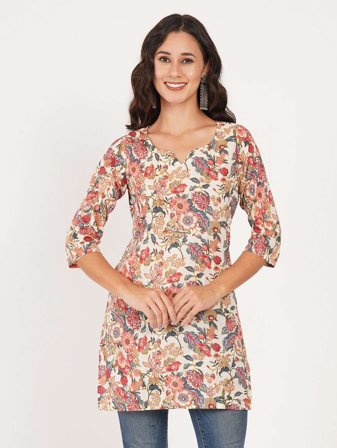 women printed three quarter sleeve straight kurti