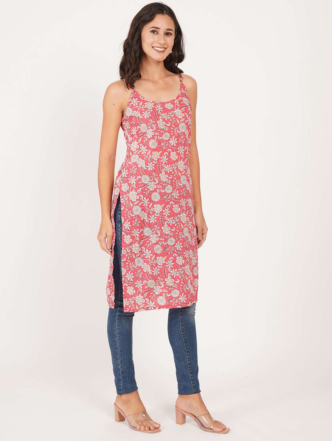 women floral shoulder strap straight kurta - 22387007 -  Standard Image - 4