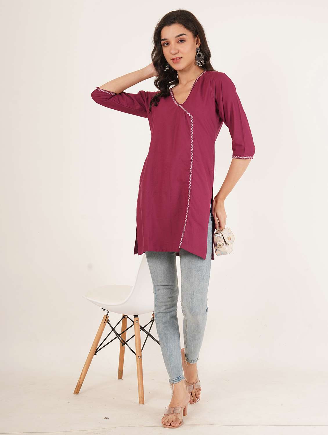 women solid three quarter sleeve angrakha kurti - 22387040 -  Standard Image - 4
