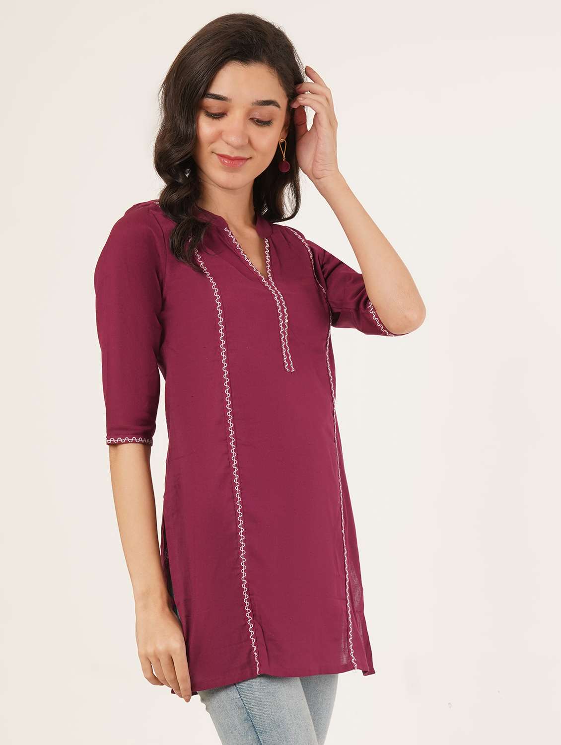 women solid with work three quarter sleeve straight kurti - 22387043 -  Standard Image - 1