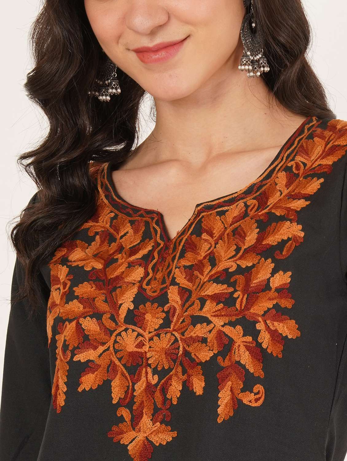 women solid with work notch neck straight kurti - 22387076 -  Standard Image - 1