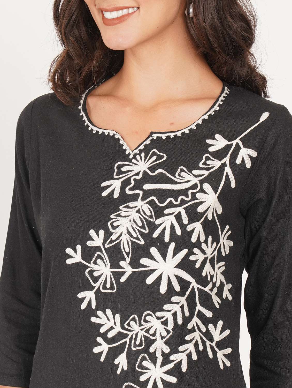 women solid with work notch neck straight kurti - 22387078 -  Standard Image - 1