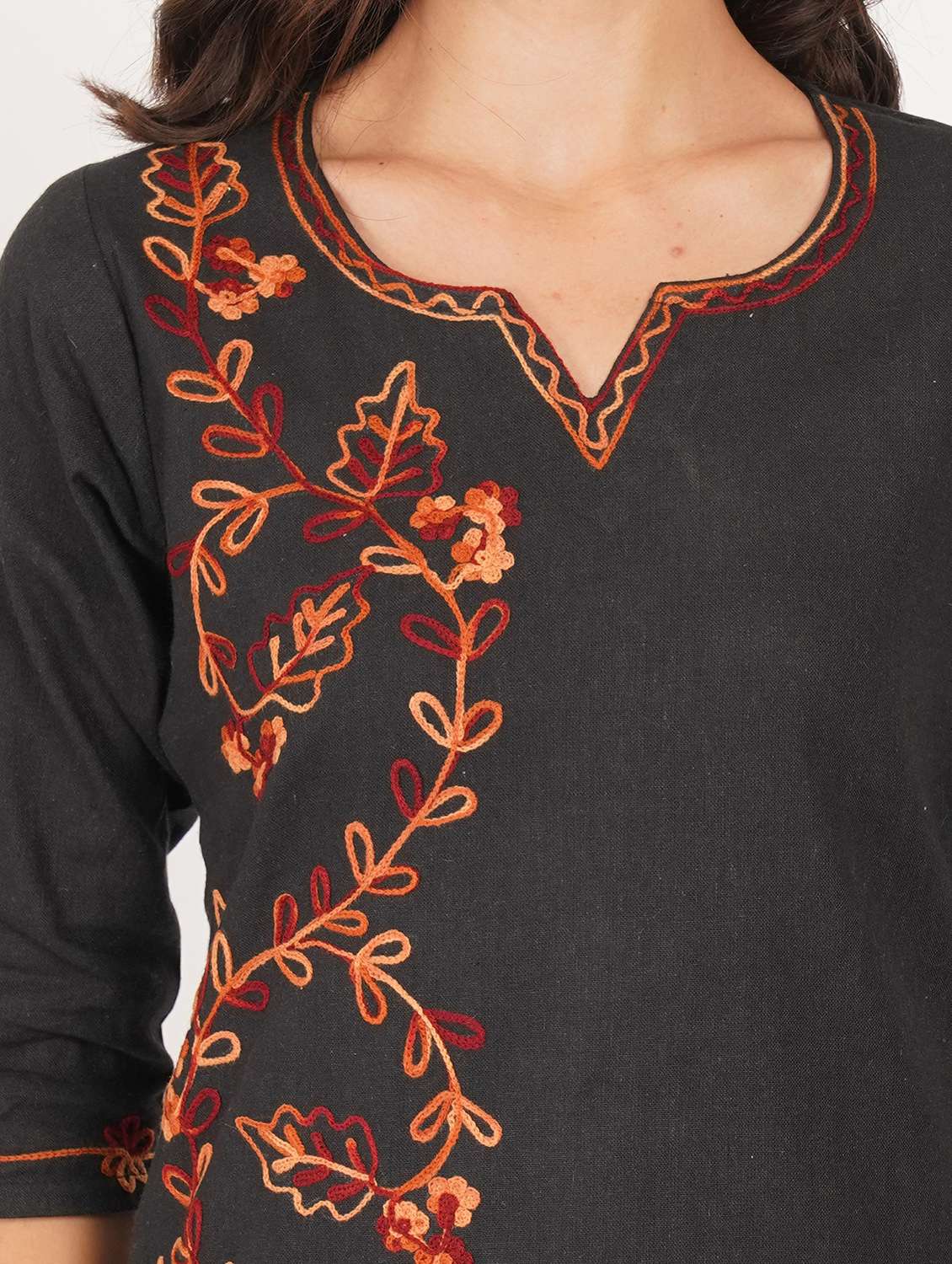 women solid with work notch neck straight kurti - 22387080 -  Standard Image - 1