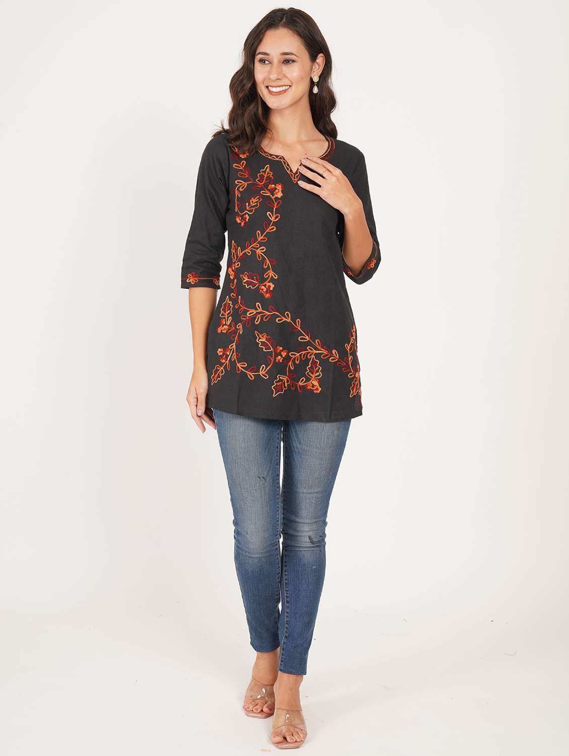 women solid with work notch neck straight kurti - 22387080 -  Standard Image - 4