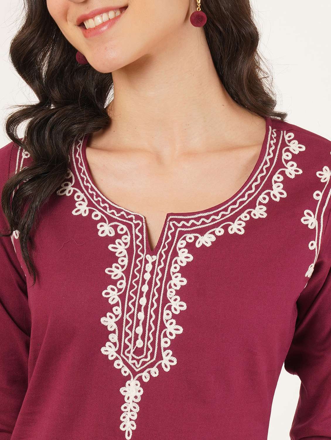 women solid with work notch neck straight kurti - 22387083 -  Standard Image - 1