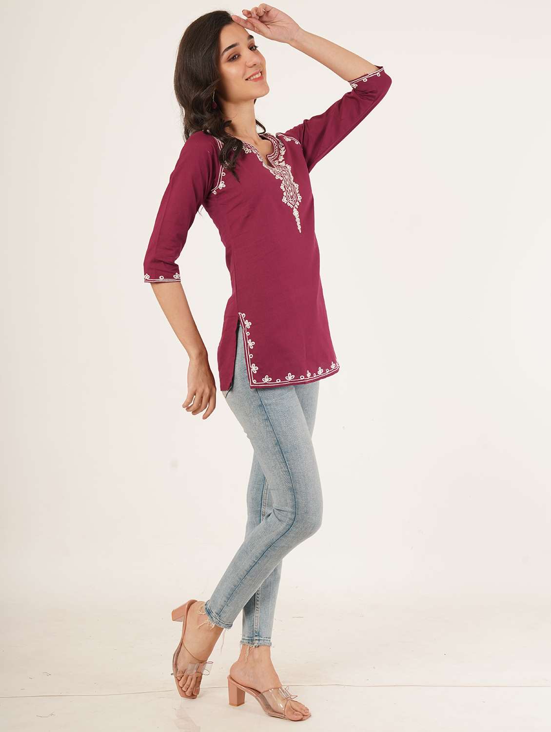 women solid with work notch neck straight kurti - 22387083 -  Standard Image - 4