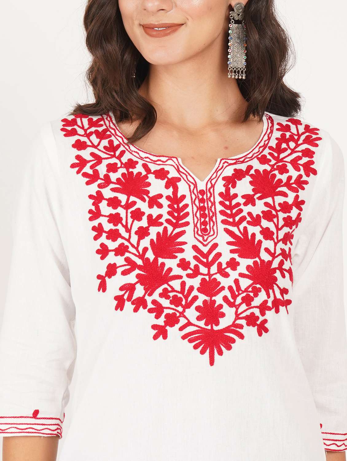 women solid with work notch neck straight kurti - 22387087 -  Standard Image - 1