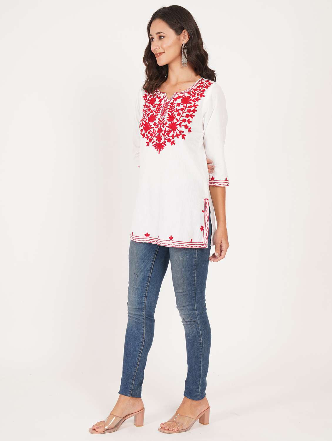 women solid with work notch neck straight kurti - 22387087 -  Standard Image - 4