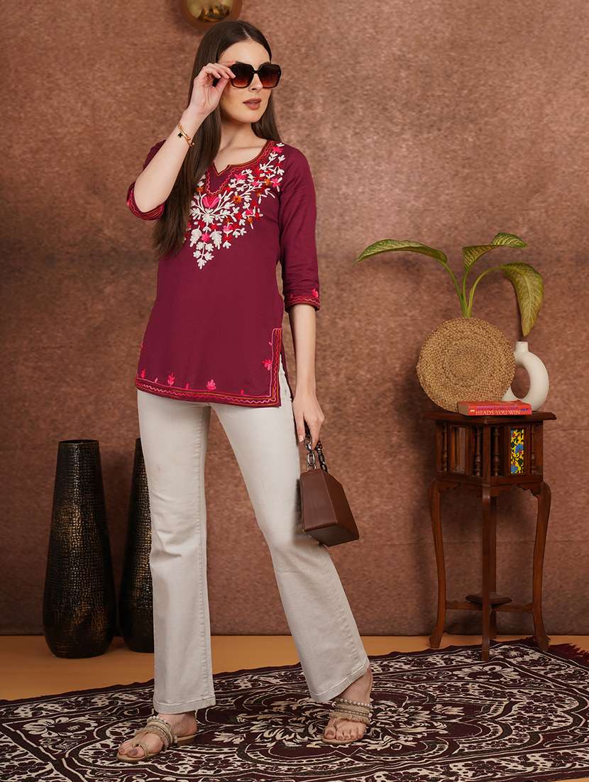 women solid with work notch neck straight kurti - 22387095 -  Standard Image - 6