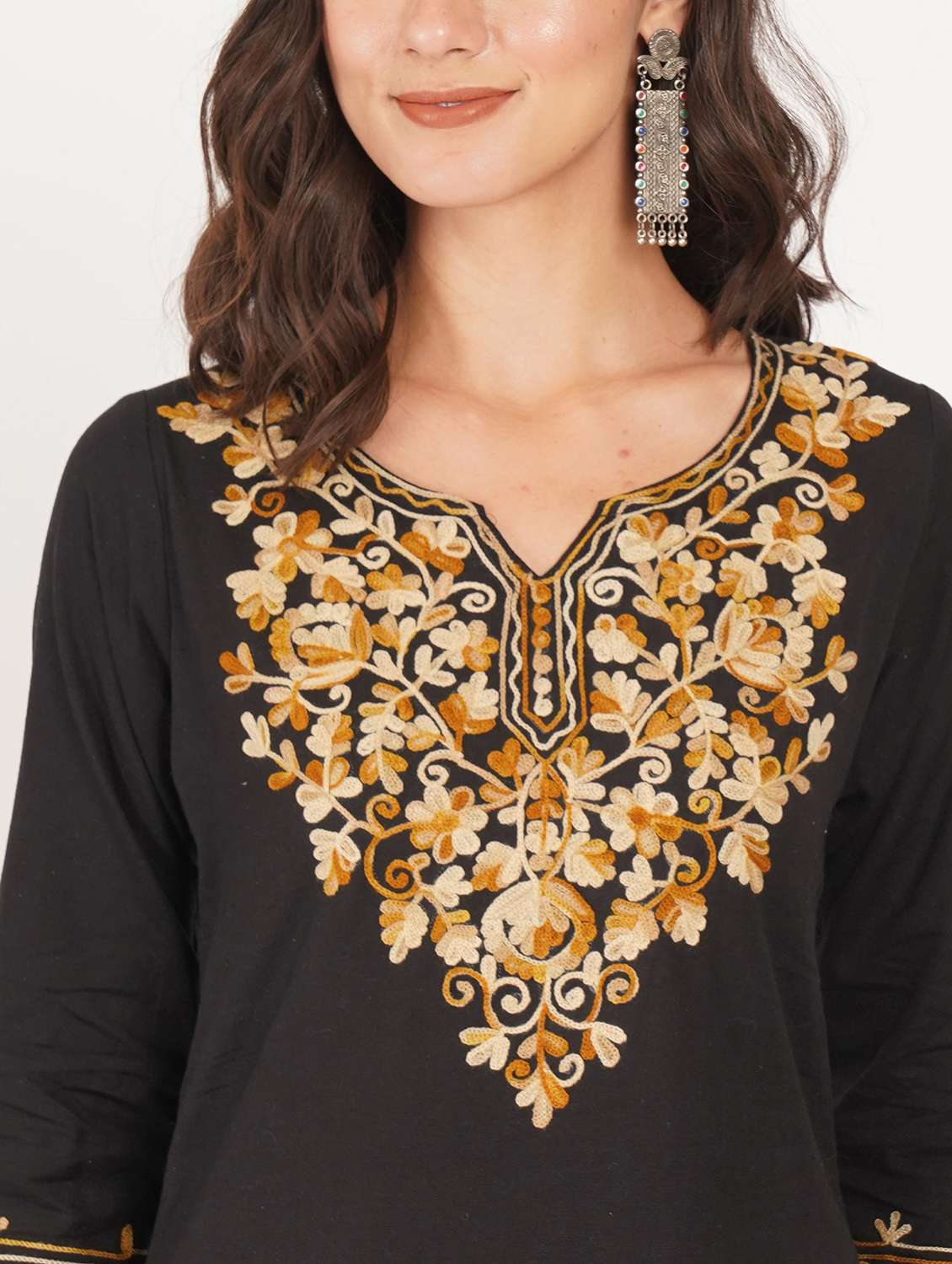 women solid with work notch neck straight kurti - 22387099 -  Standard Image - 1