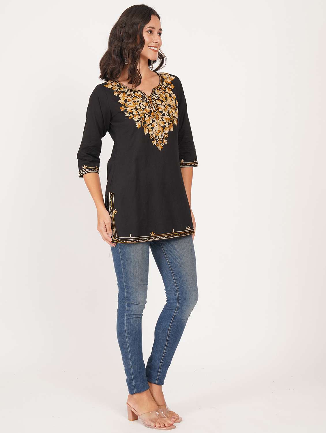 women solid with work notch neck straight kurti - 22387099 -  Standard Image - 4