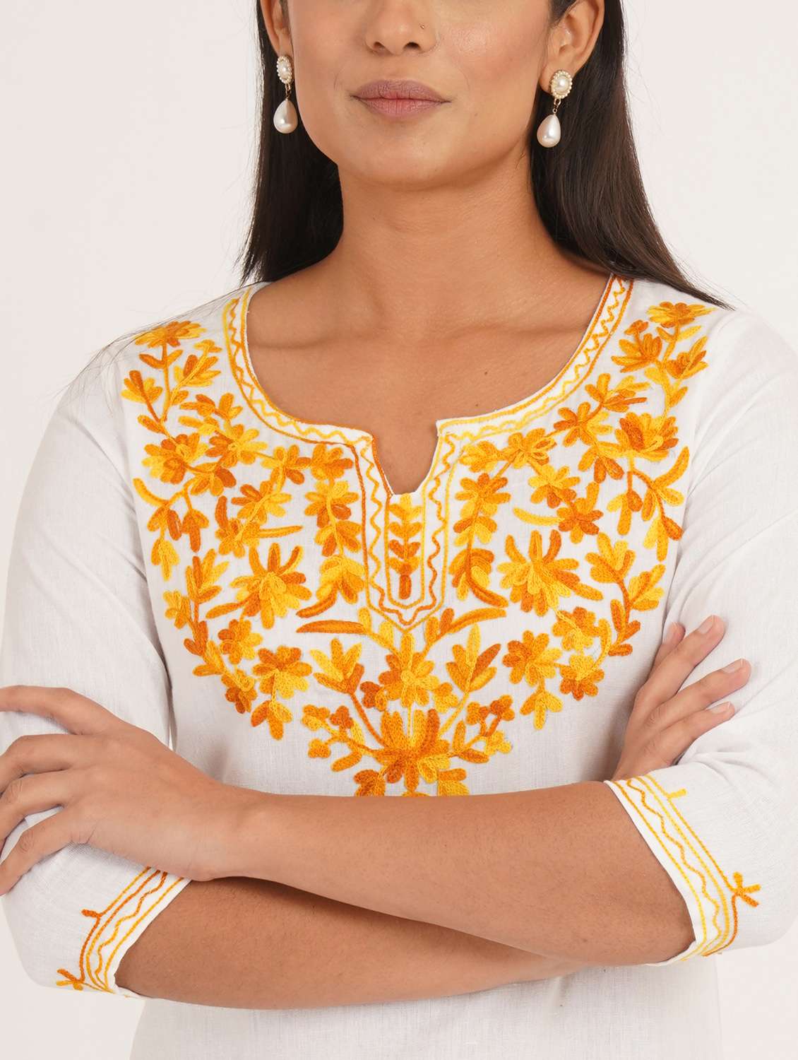 women solid with work notch neck straight kurti - 22387101 -  Standard Image - 1