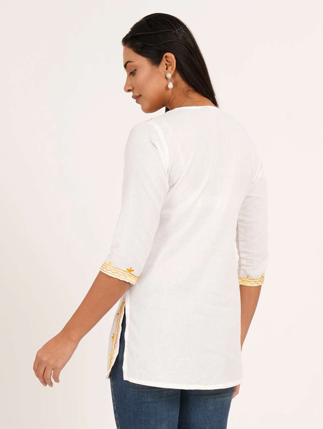 women solid with work notch neck straight kurti - 22387101 -  Standard Image - 4