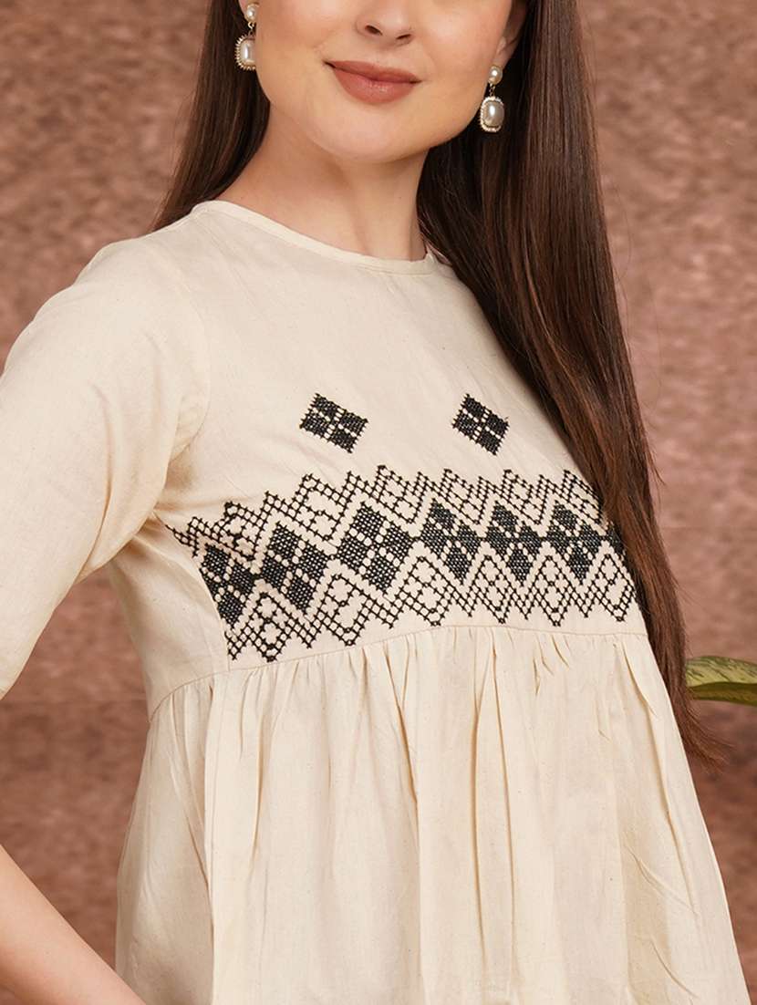 women solid with work elbow sleeve ethnic top - 22387107 -  Standard Image - 1