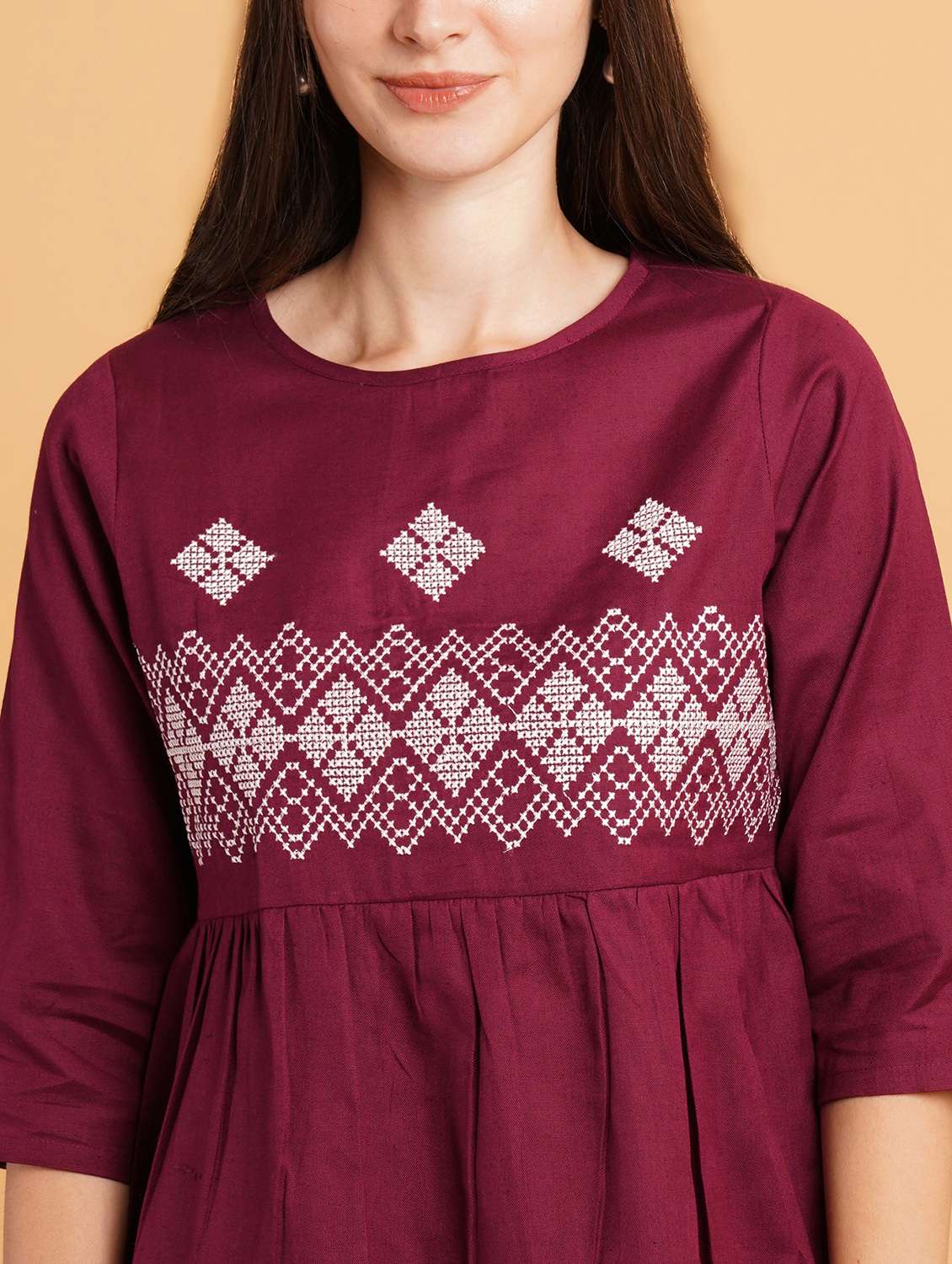 women solid with work three quarter sleeve ethnic top - 22387108 -  Standard Image - 1