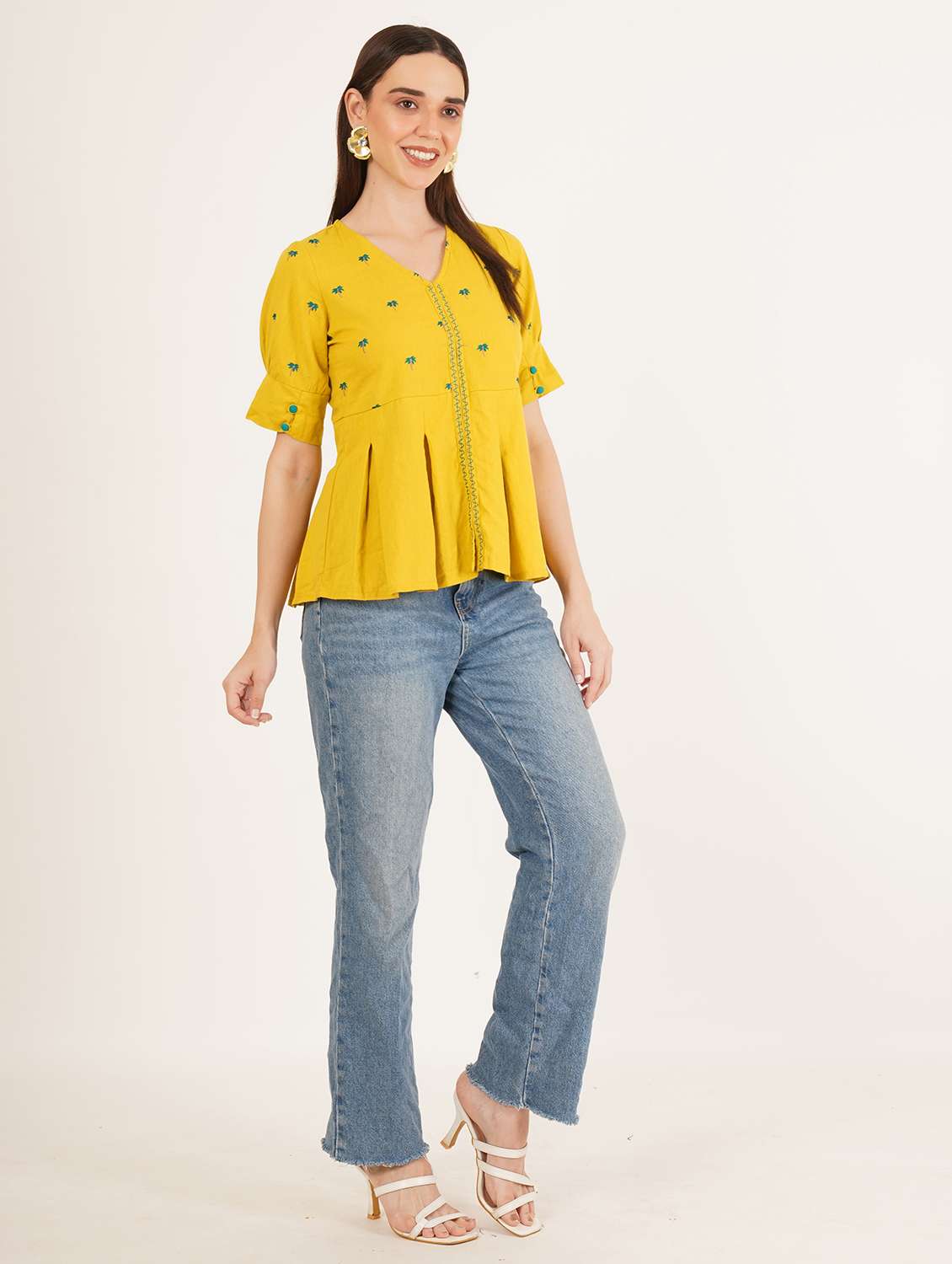 women solid with work puff sleeve ethnic top - 22387112 -  Standard Image - 4