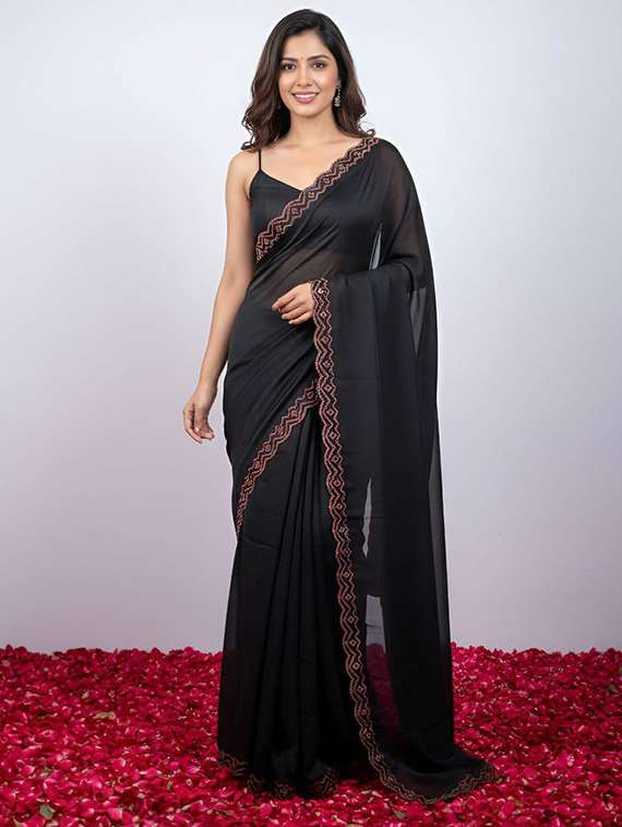 women solid with embellished bordered saree with blouse