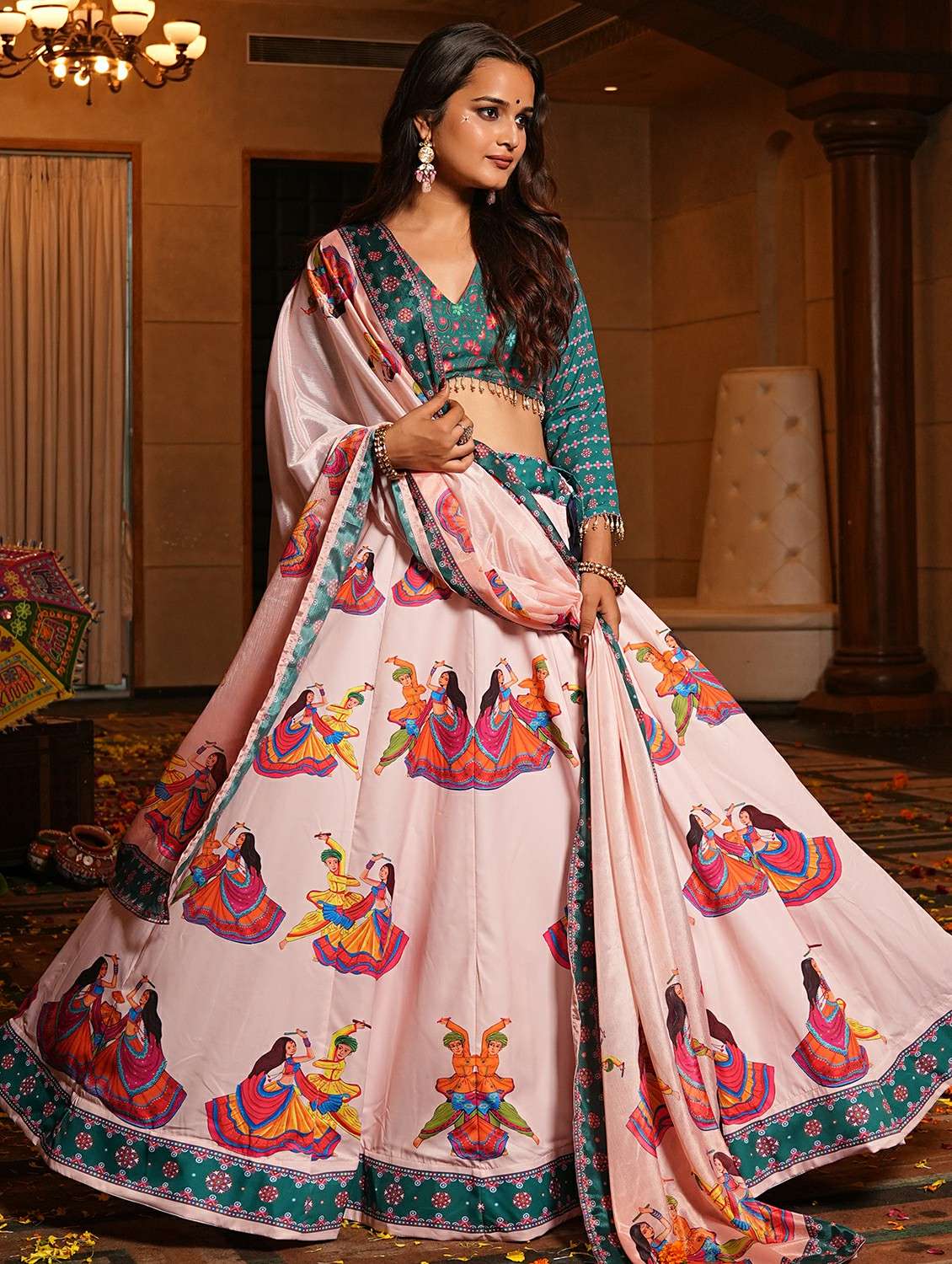 women printed flared semi-stitched lehenga