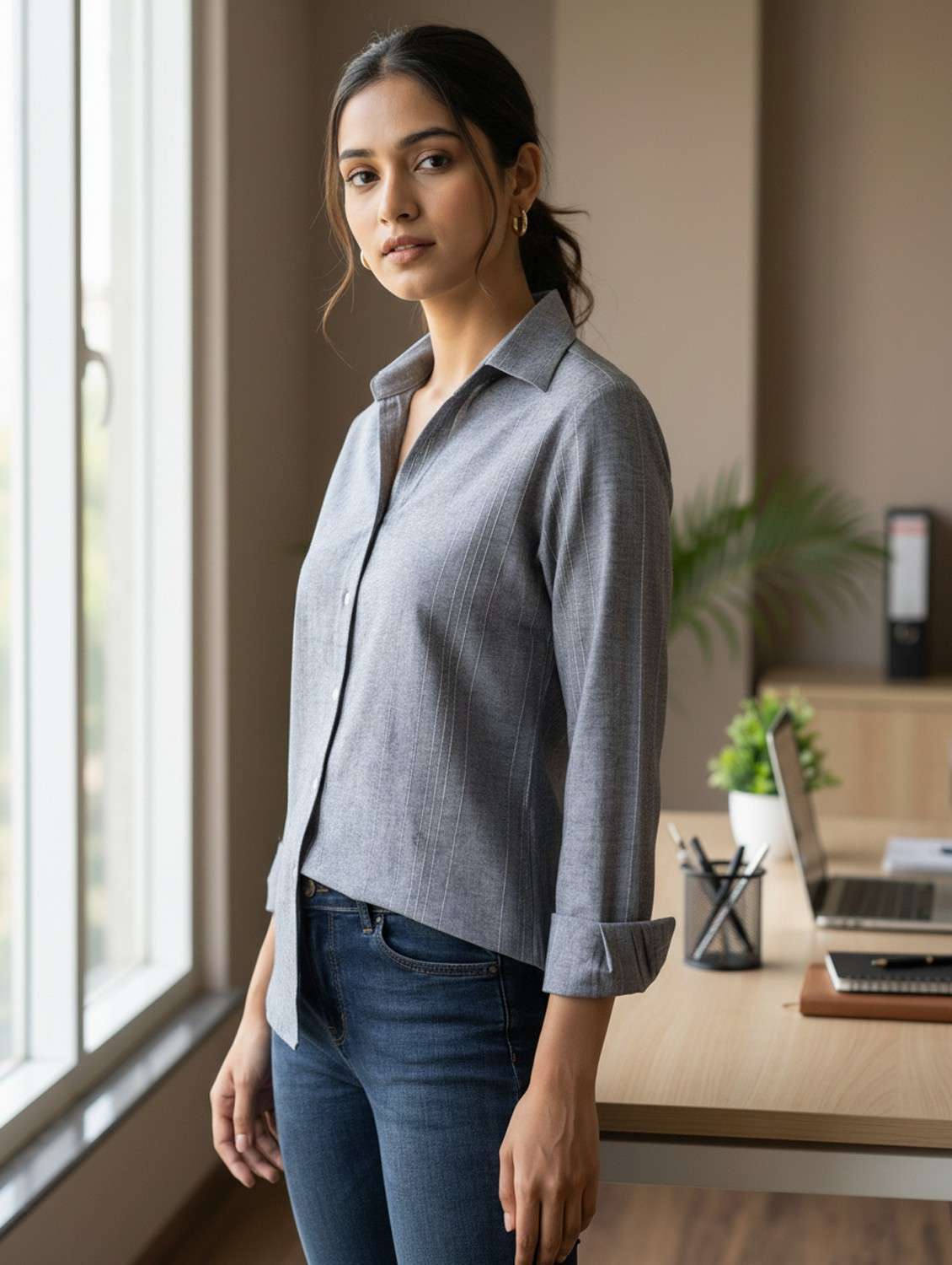 women solid collared long sleeve shirt - 22389738 -  Standard Image - 4