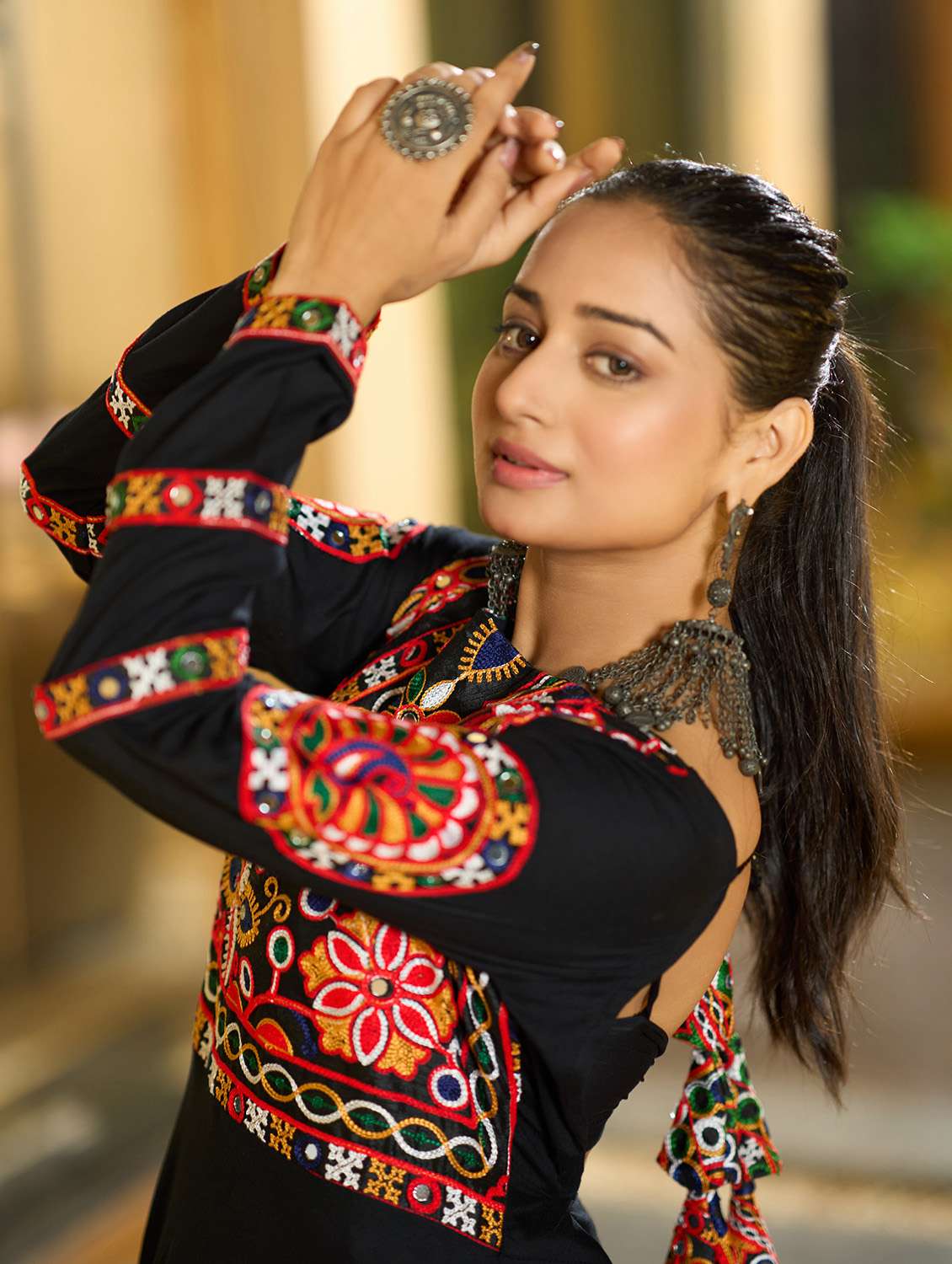 women solid with work long sleeve flared kurta - 22389742 -  Standard Image - 1