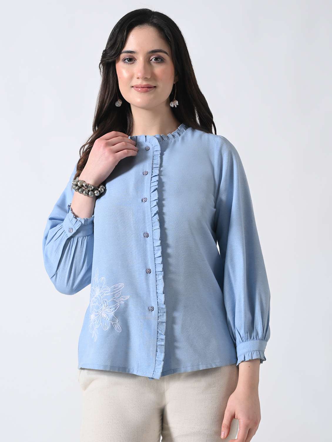 women embroidered round neck regular shirt