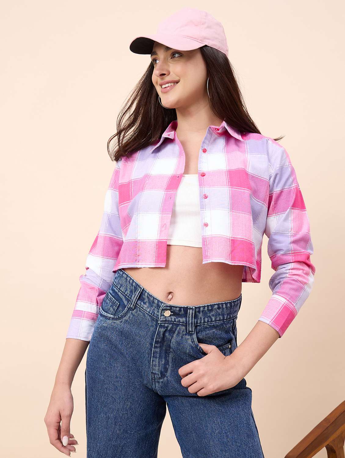 women checkered collared long sleeve crop shirt