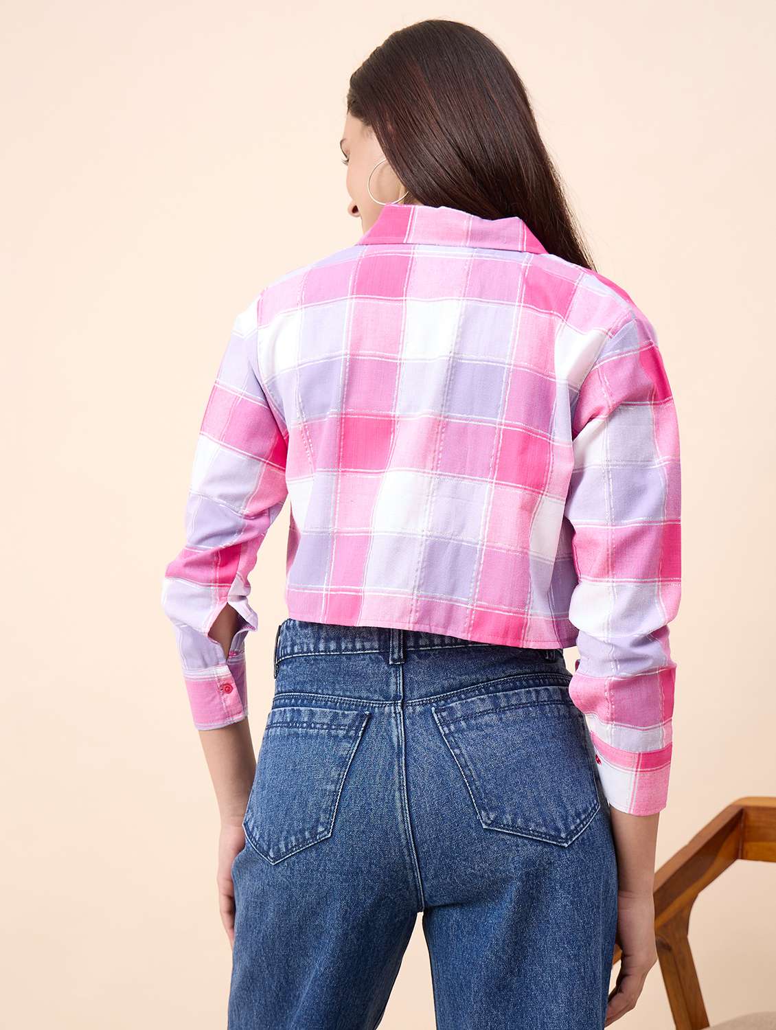 women checkered collared long sleeve crop shirt - 22390134 -  Standard Image - 4