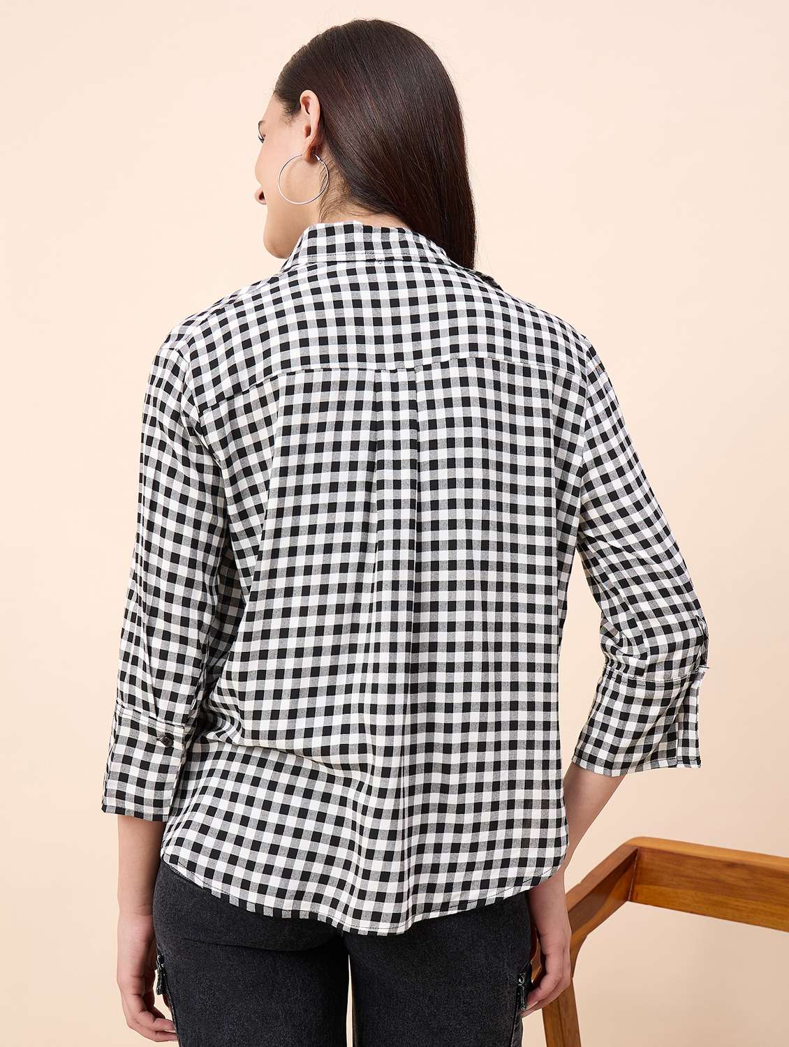 women checkered collared three quarter sleeve shirt - 22390136 -  Standard Image - 4