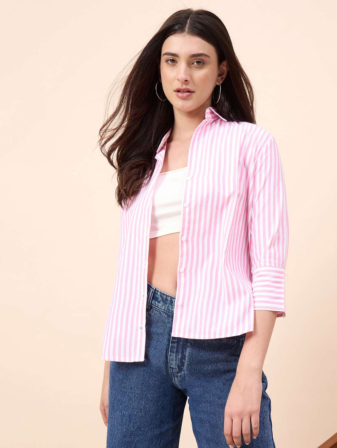 women striped collared three quarter sleeve shirt