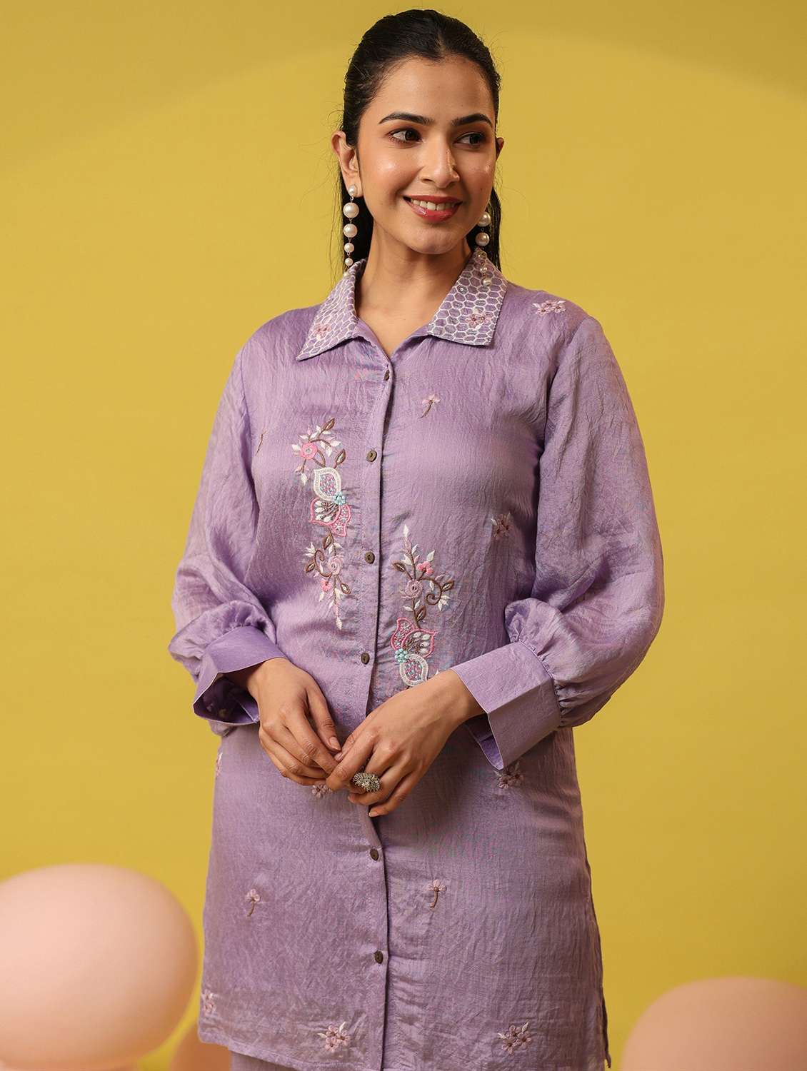 women solid with work long sleeve ethnic co-ord set - 22390143 -  Standard Image - 1