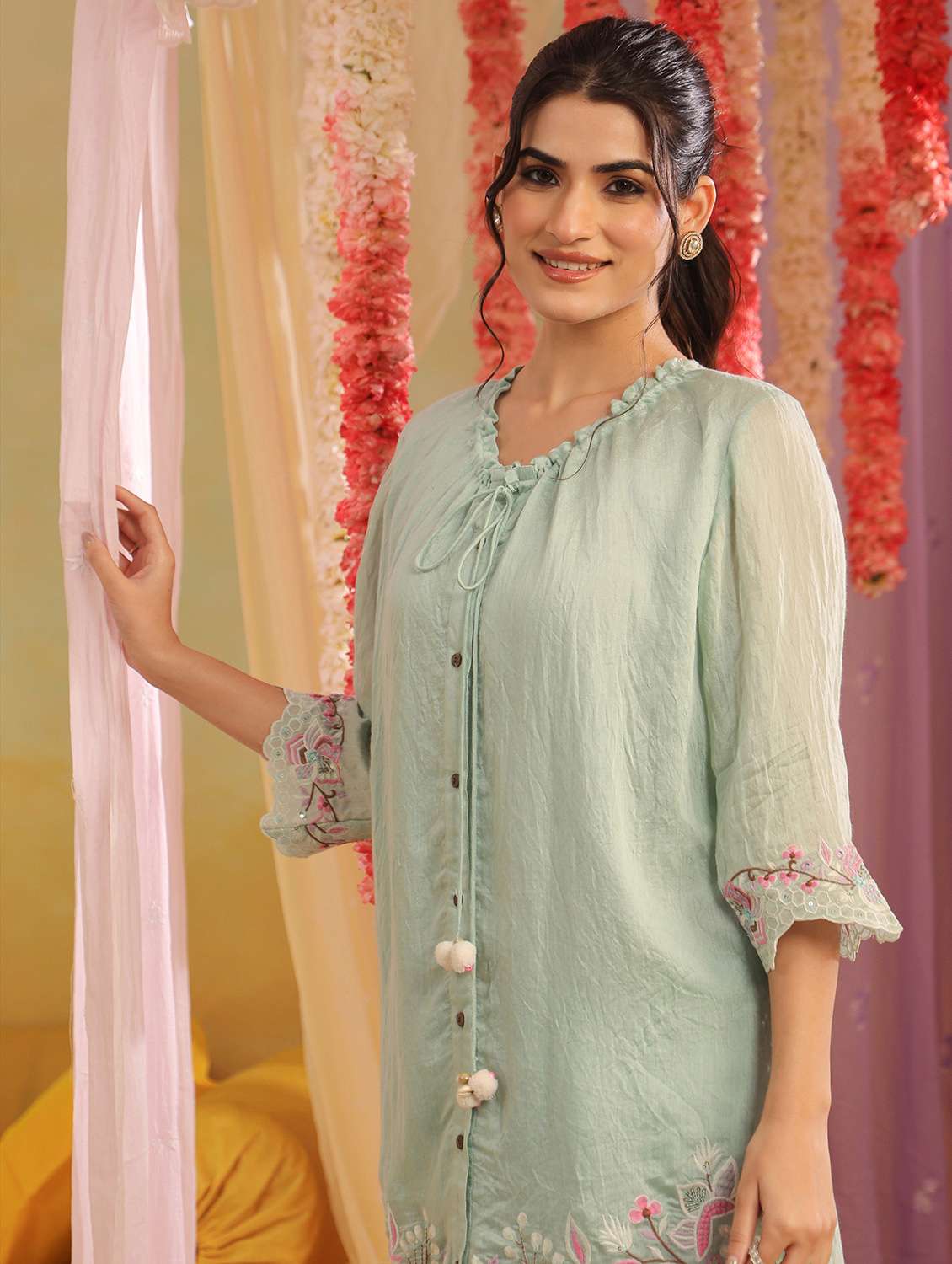 women solid with work three quarter sleeve ethnic co-ord set - 22390145 -  Standard Image - 1