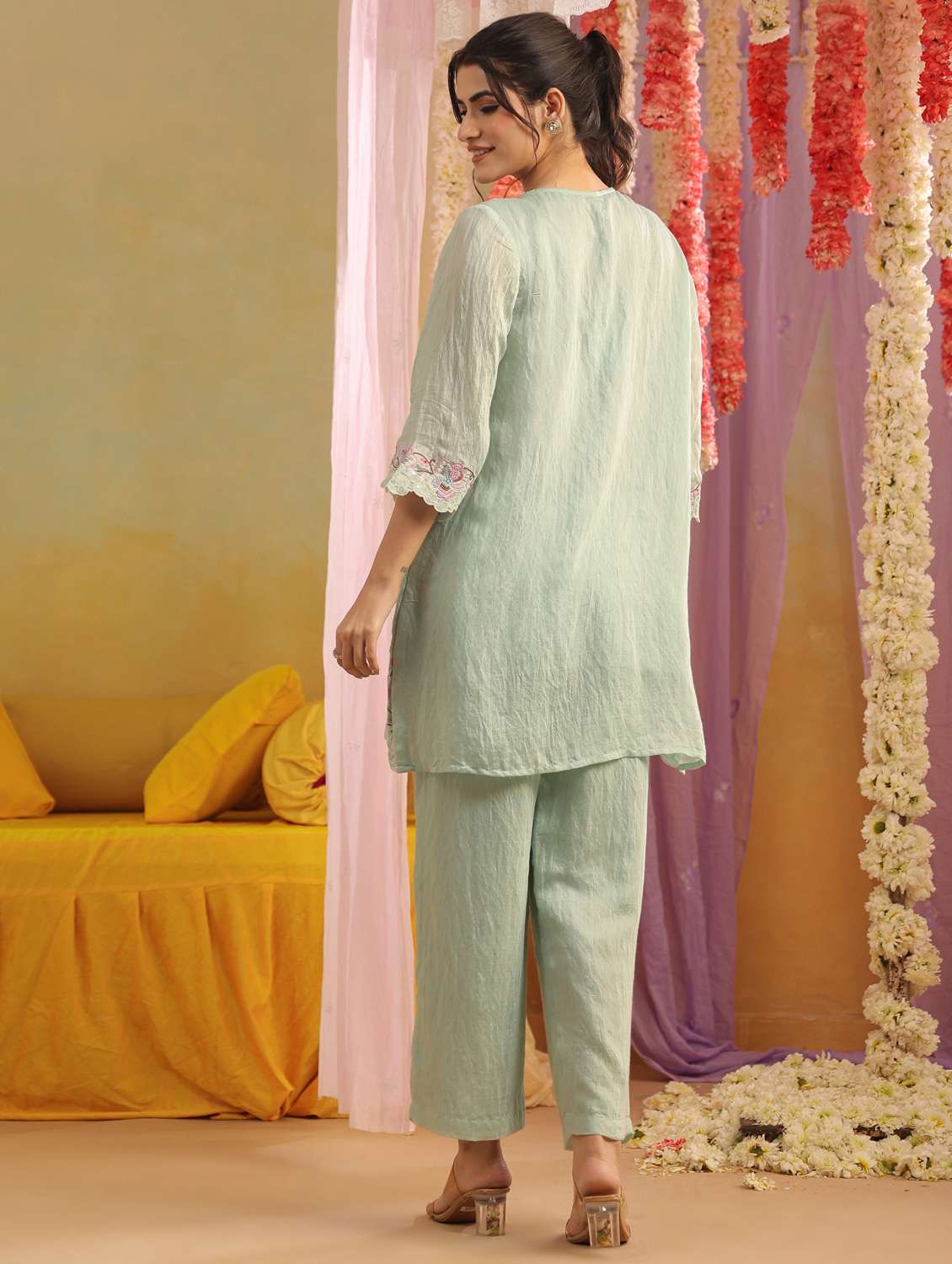 women solid with work three quarter sleeve ethnic co-ord set - 22390145 -  Standard Image - 4