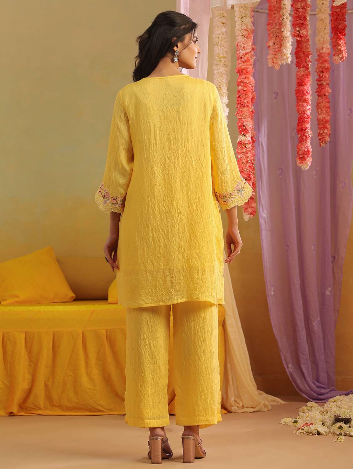 women solid with work three quarter sleeve ethnic co-ord set - 22390146 -  Standard Image - 4