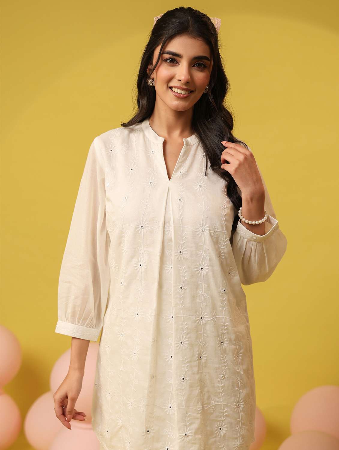 women solid with work three quarter sleeve ethnic co-ord set - 22390149 -  Standard Image - 1