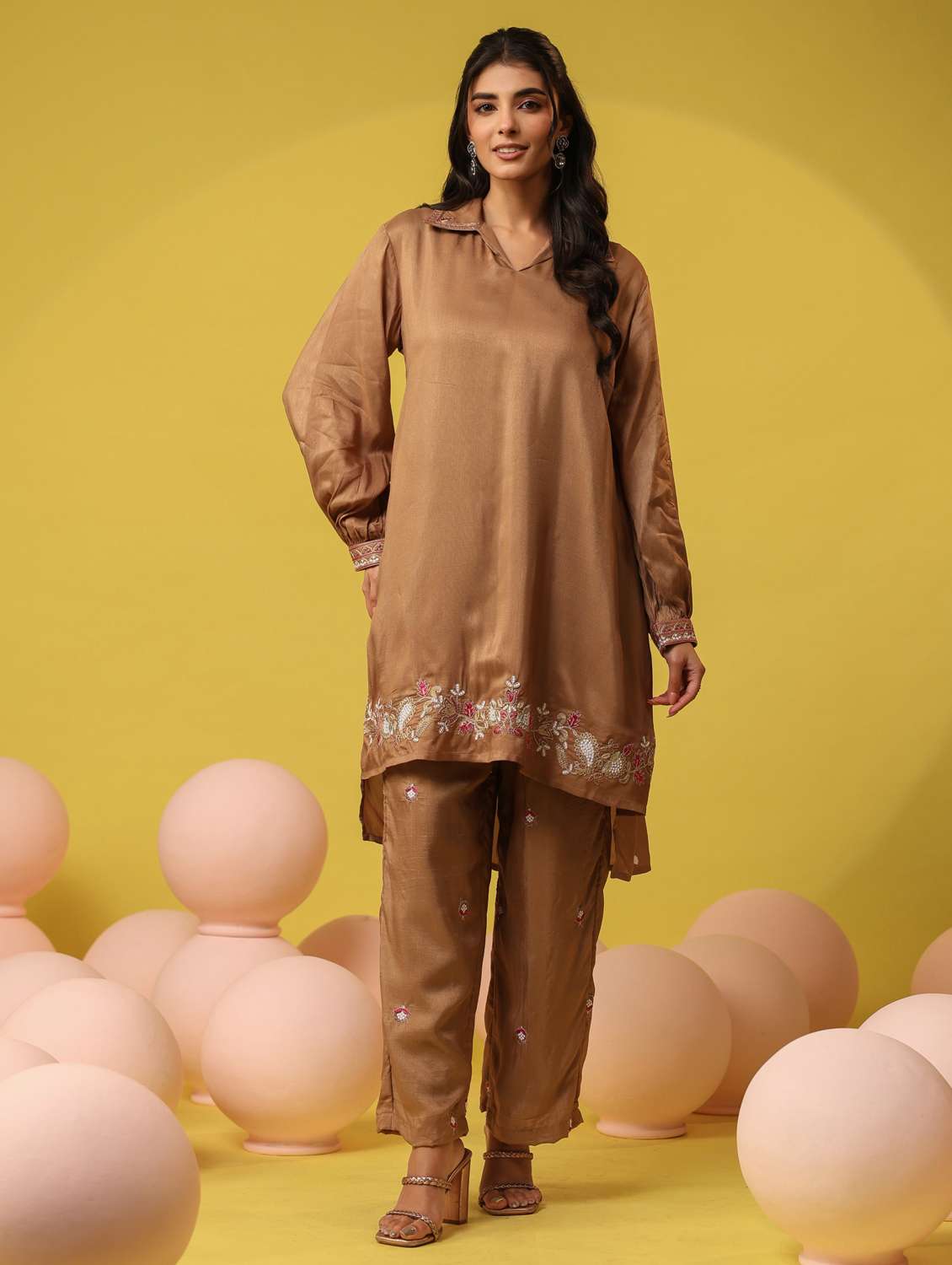 women solid with work long sleeve ethnic co-ord set