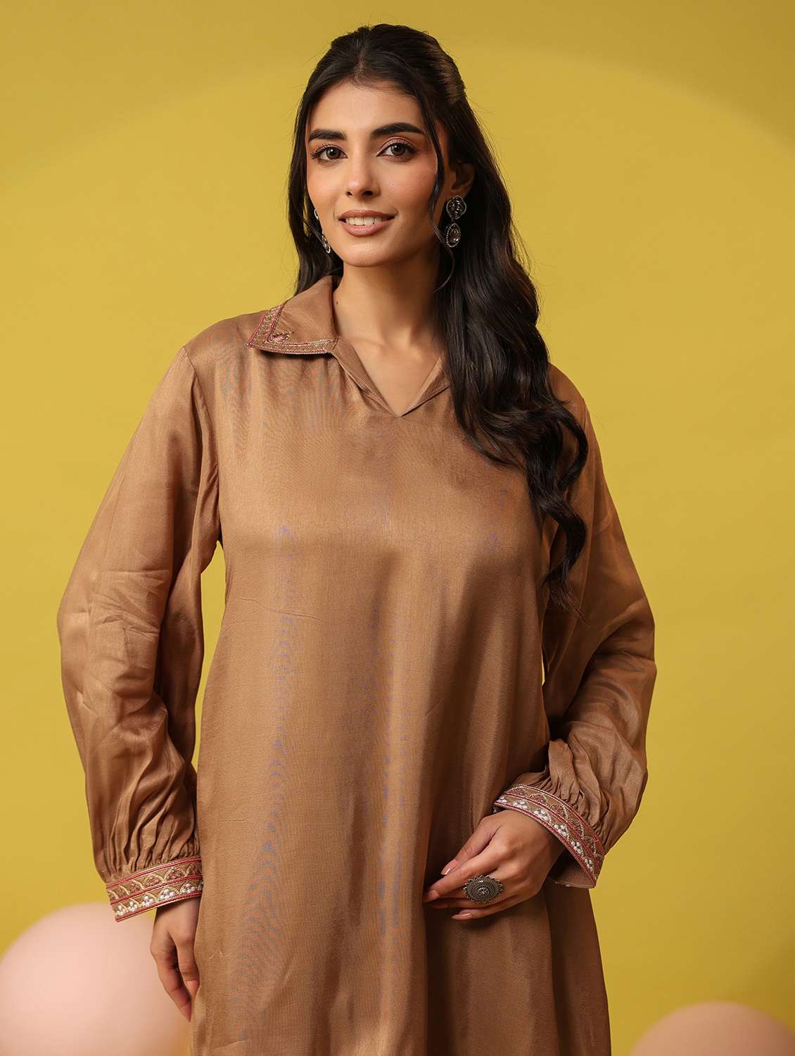 women solid with work long sleeve ethnic co-ord set - 22390150 -  Standard Image - 1