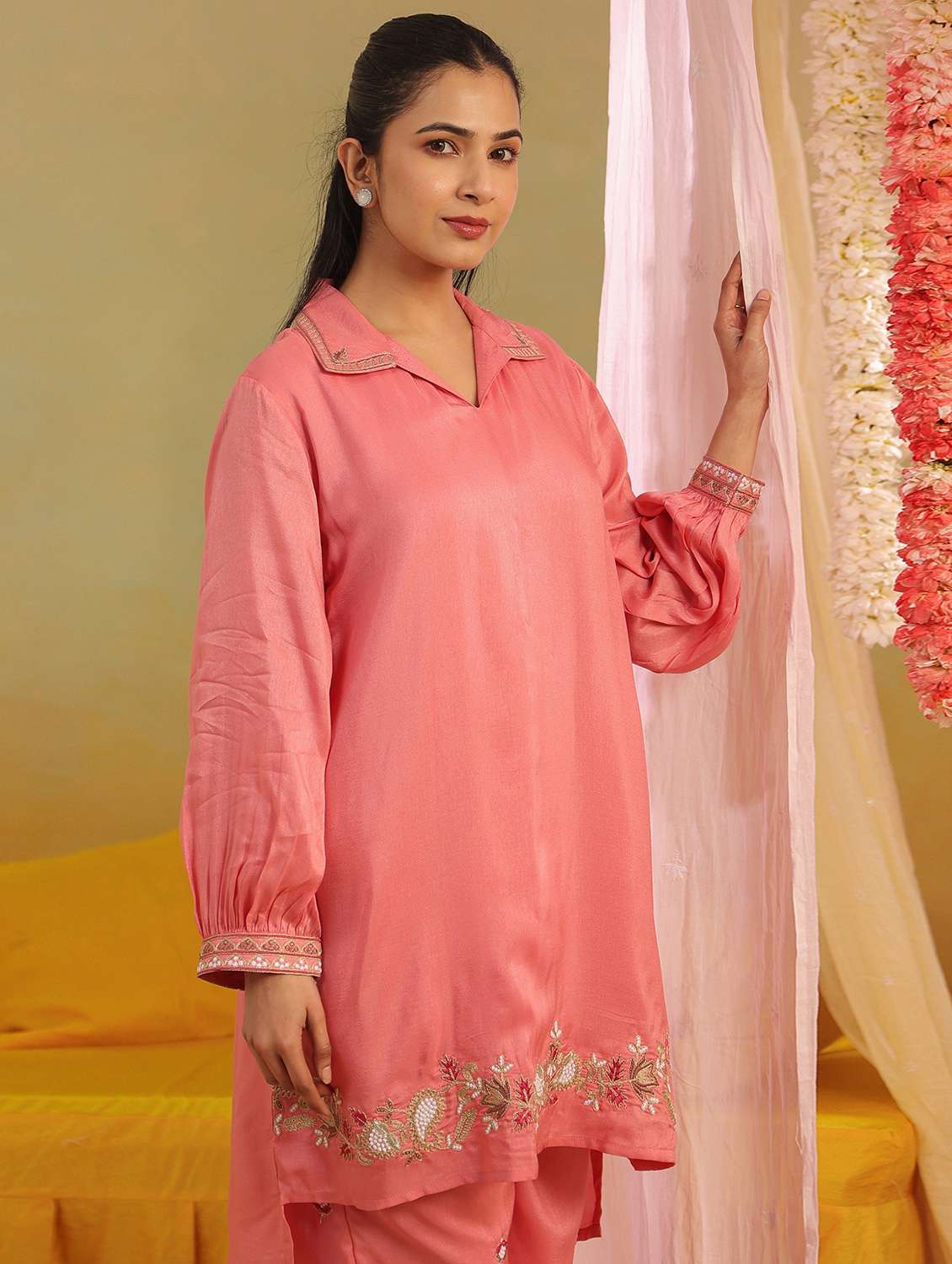 women solid with work long sleeve ethnic co-ord set - 22390151 -  Standard Image - 1