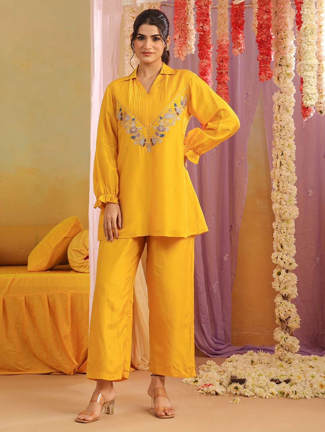 women solid with work long sleeve ethnic co-ord set