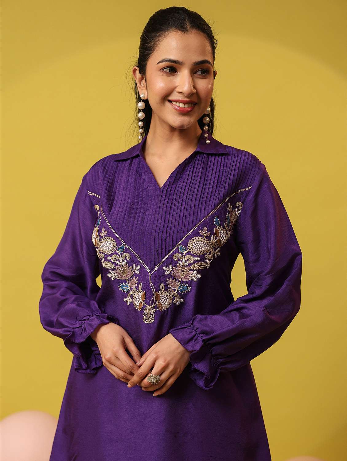 women solid with work long sleeve ethnic co-ord set - 22390153 -  Standard Image - 1