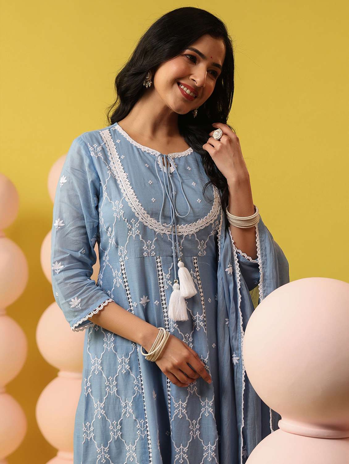 women solid with work three quarter sleeve kurta pant with dupatta set - 22390154 -  Standard Image - 1