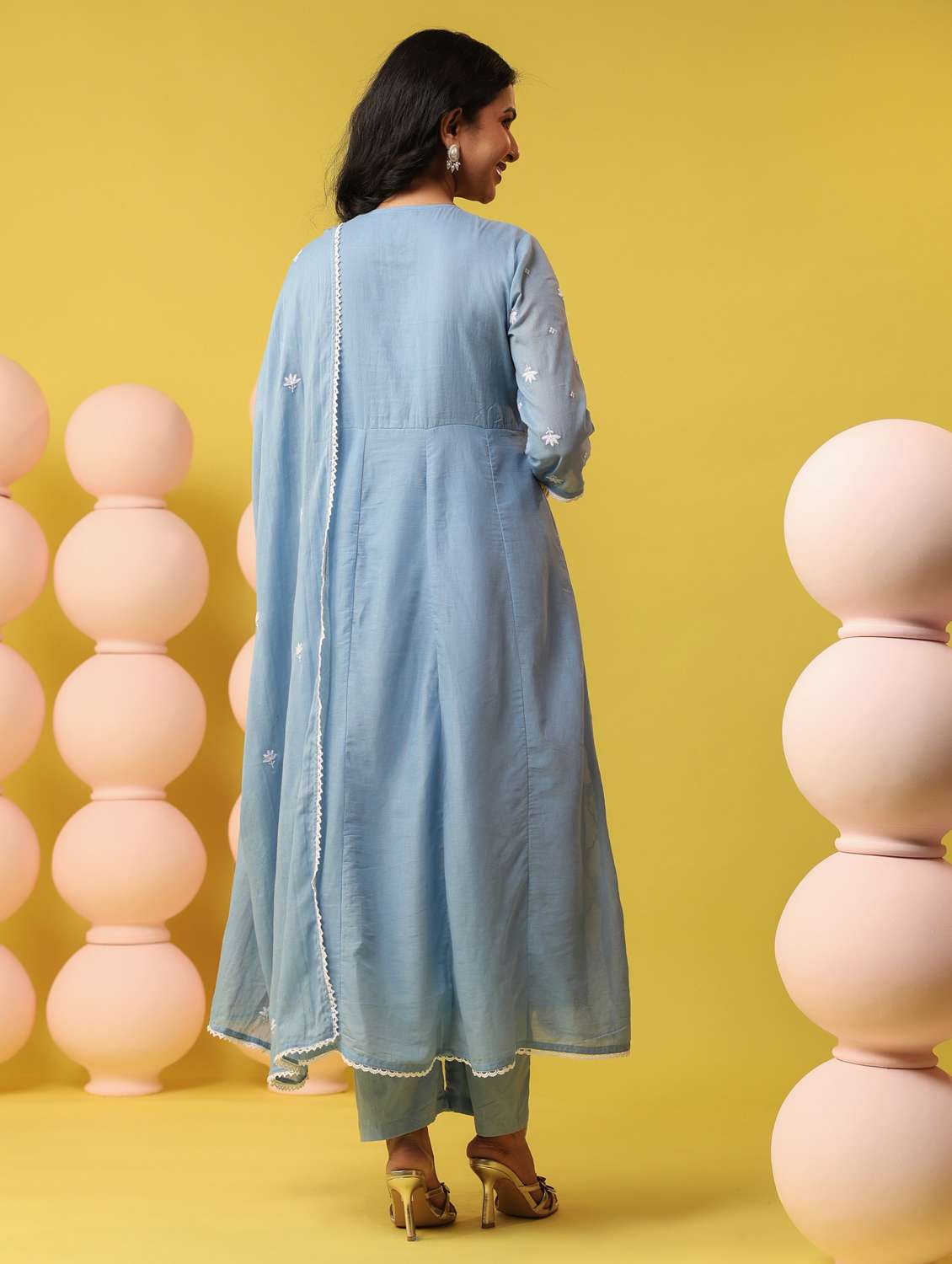 women solid with work three quarter sleeve kurta pant with dupatta set - 22390154 -  Standard Image - 4