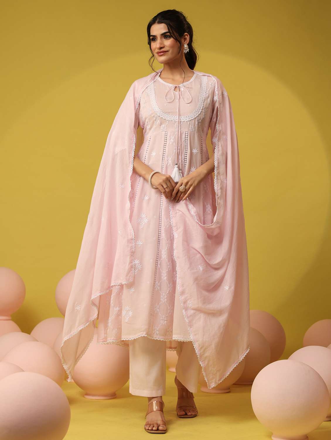 women solid with work three quarter sleeve kurta pant with dupatta set