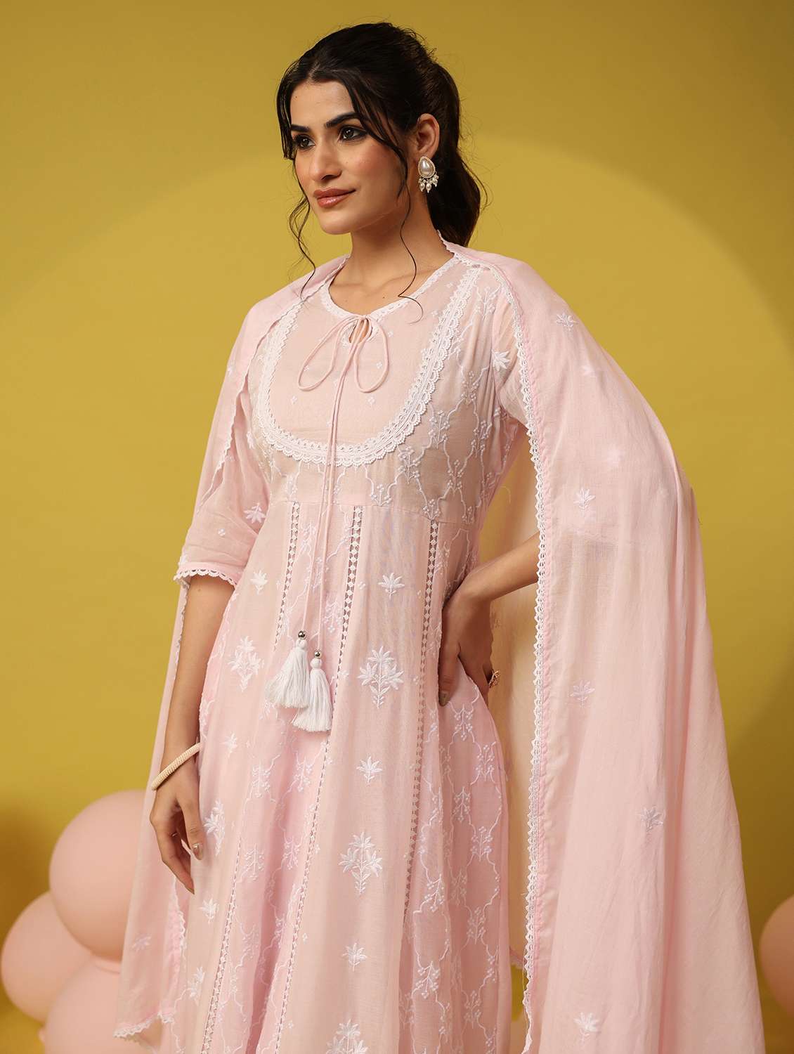 women solid with work three quarter sleeve kurta pant with dupatta set - 22390155 -  Standard Image - 1