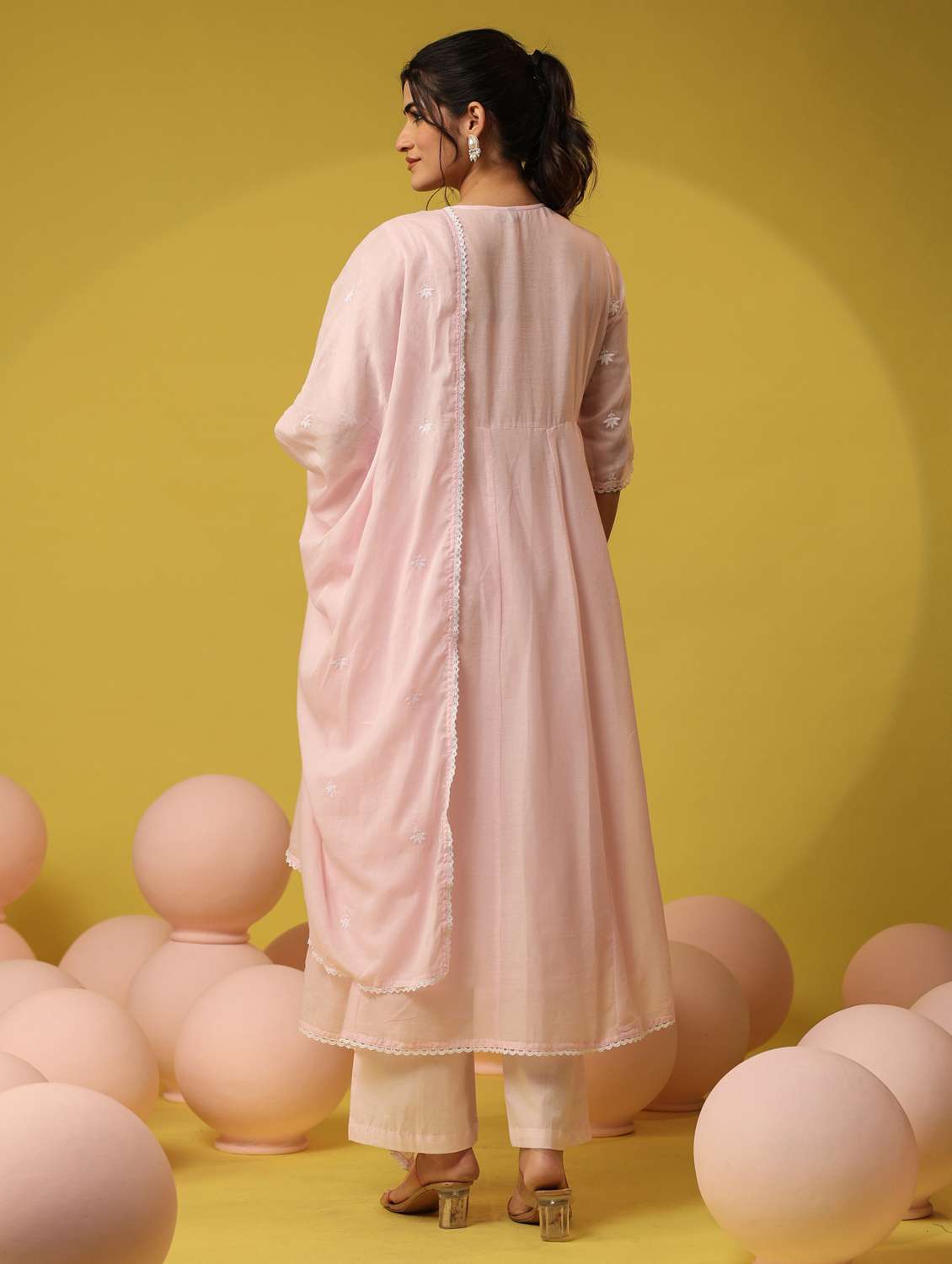 women solid with work three quarter sleeve kurta pant with dupatta set - 22390155 -  Standard Image - 4