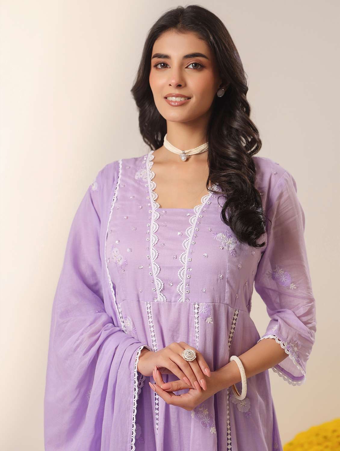 women solid with work three quarter sleeve kurta pant with dupatta set - 22390156 -  Standard Image - 1