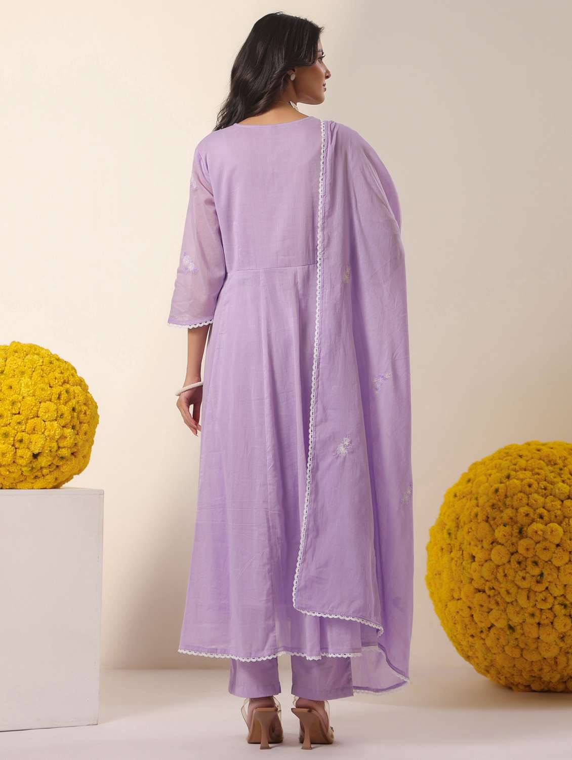 women solid with work three quarter sleeve kurta pant with dupatta set - 22390156 -  Standard Image - 4