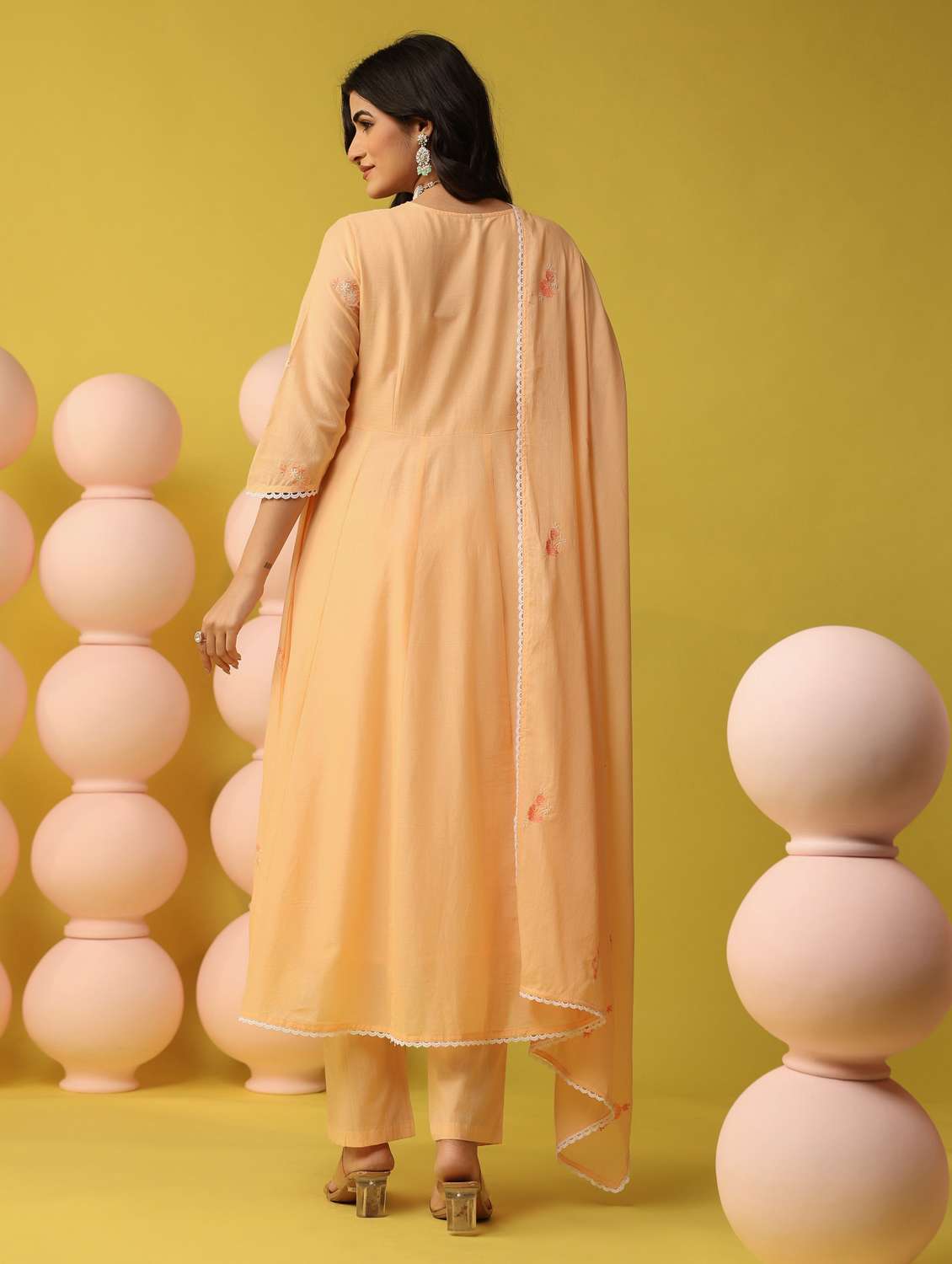 women solid with work three quarter sleeve kurta pant with dupatta set - 22390157 -  Standard Image - 4