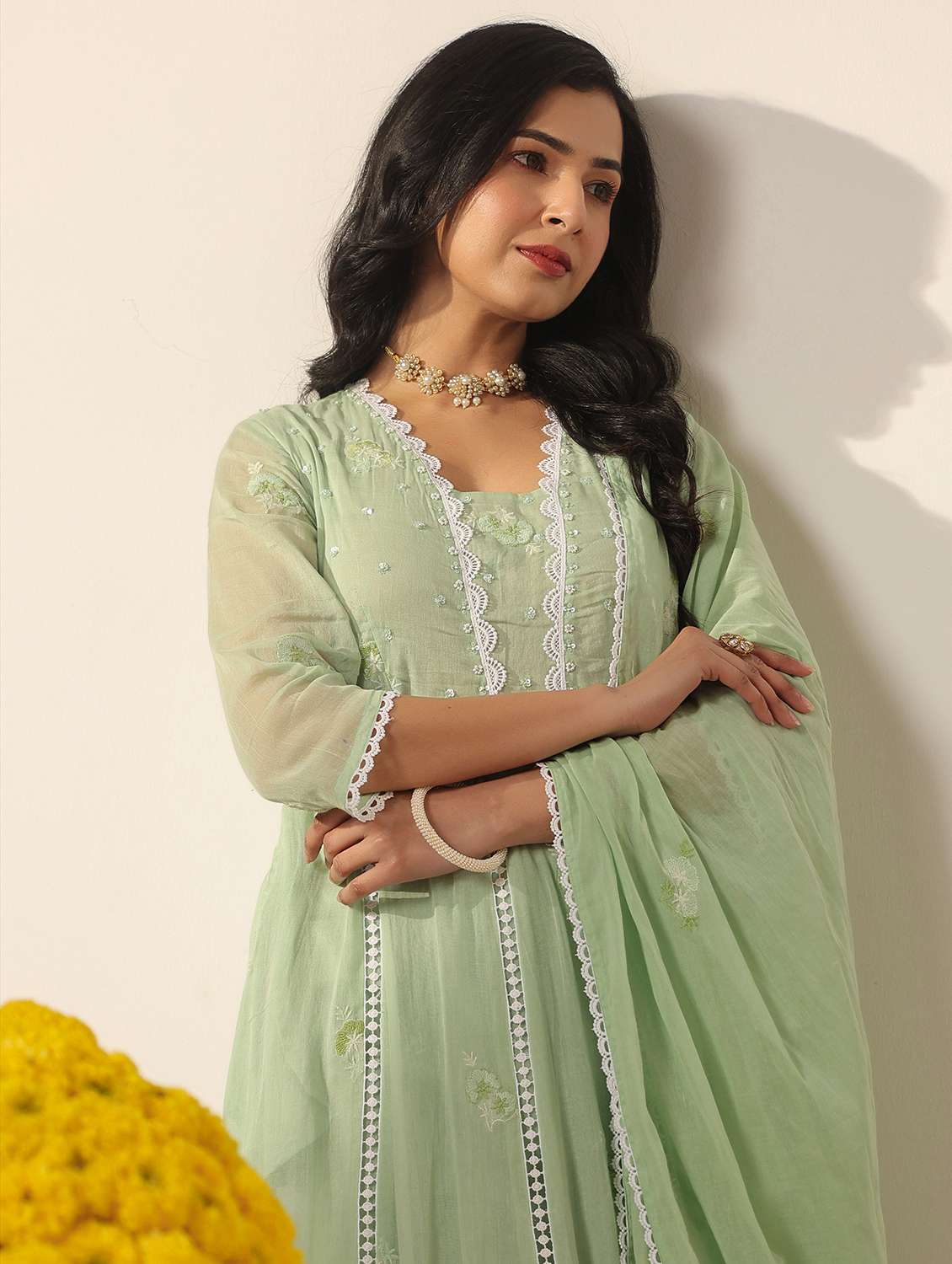 women solid with work three quarter sleeve kurta pant with dupatta set - 22390158 -  Standard Image - 1