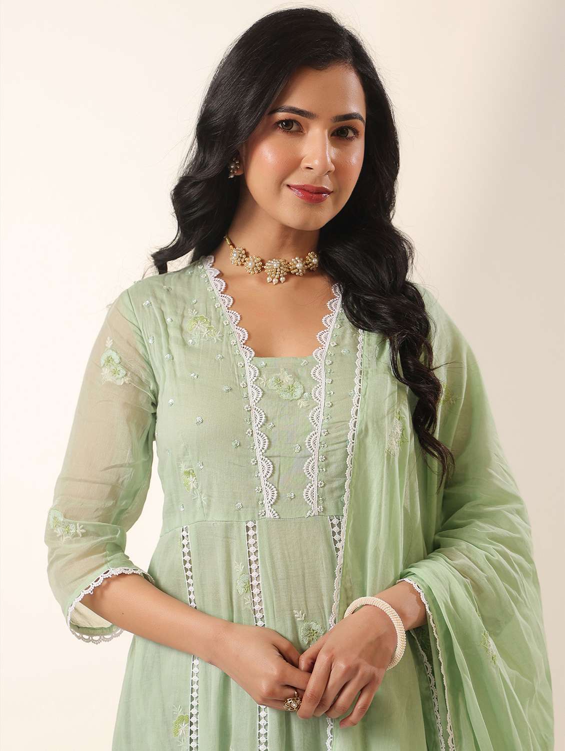 women solid with work three quarter sleeve kurta pant with dupatta set - 22390158 -  Standard Image - 4