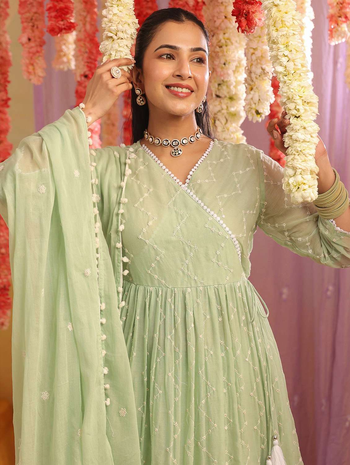 women solid with work three quarter sleeve kurta pant with dupatta set - 22390159 -  Standard Image - 1